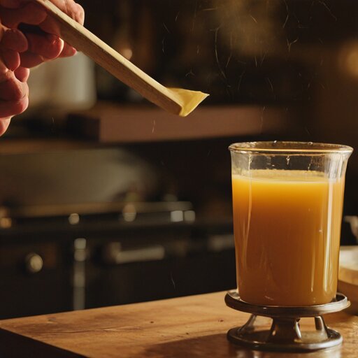 A crooked pale-gold hand-dipped beeswax taper hanging to cool from a wooden spoon, with a double boiler of filtered golden beeswax blurred in the background