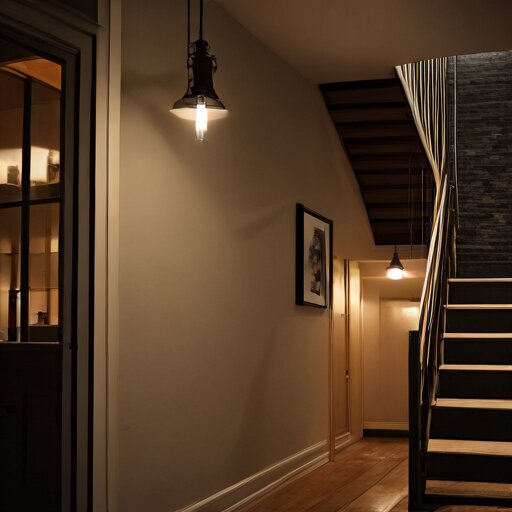 A heavy lead pendulum bob on a thin wire hanging in a dim stairwell above a small arc of upright matchsticks on the floor