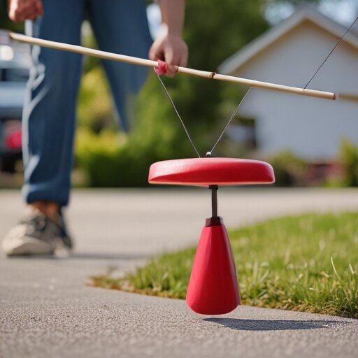 A heavy rubber diabolo hovering level in mid-air above two wooden hand sticks on a driveway, axle horizontal