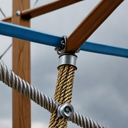 A homemade aluminium Picavet cross with eye-screws at each arm, threaded with a single line, a compact camera hanging level beneath it against an overcast sky