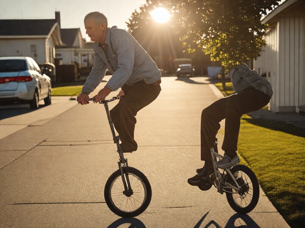 A man gripping a fence for dear life while a 20-inch unicycle slides out from under him in a driveway