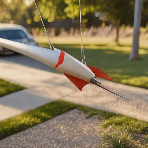 A model rocket tied to a string at its centre of gravity, swung in a circle to test whether it flies nose-first