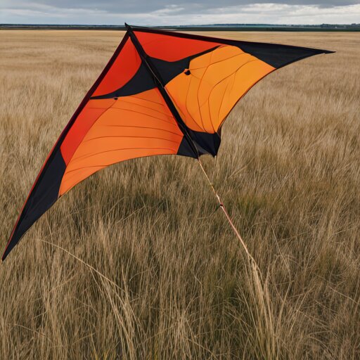 A red and orange delta stunt kite crashed nose-first into prairie grass with a snapped carbon standoff