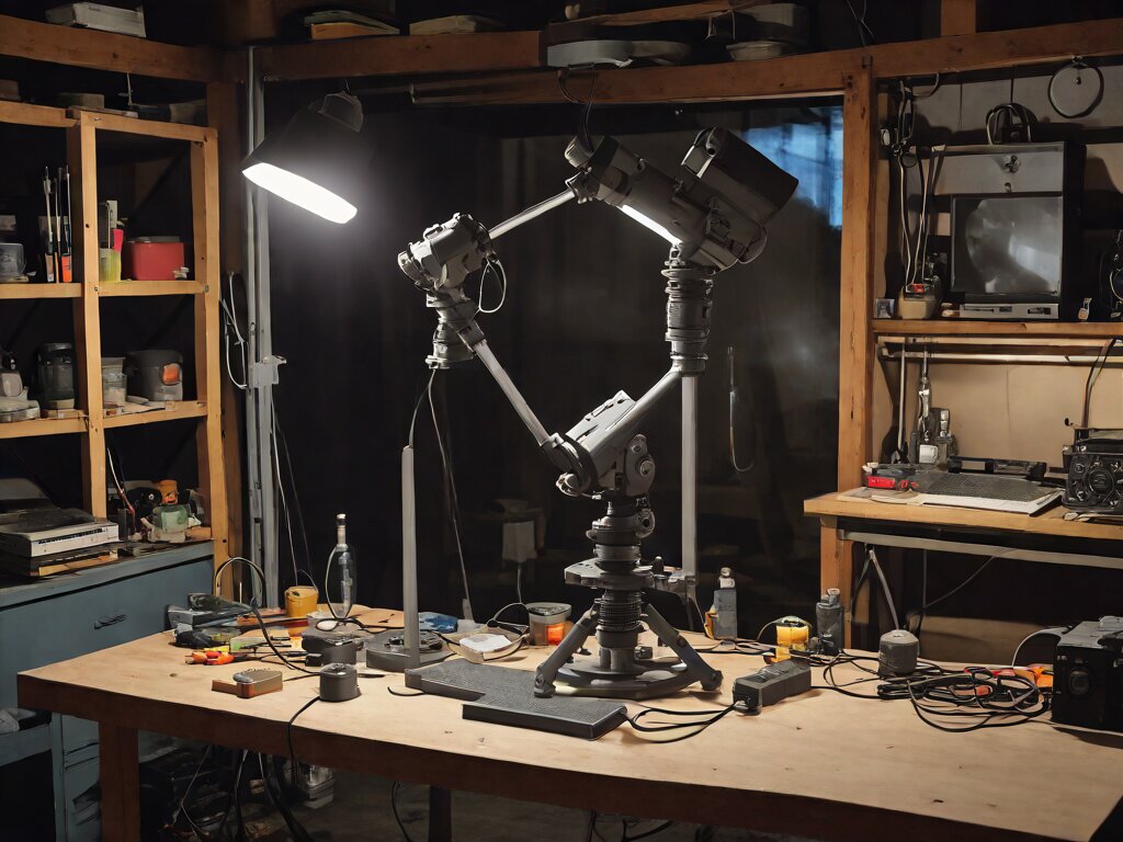 A single-mirror schlieren rig on a garage bench at night, with a laptop showing a muddy grey featureless image