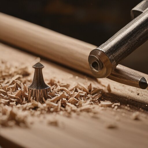 A slender lignum vitae spinning top with a steel tip beside a squat brass tippe top on a workbench, wood shavings and a turning gouge alongside