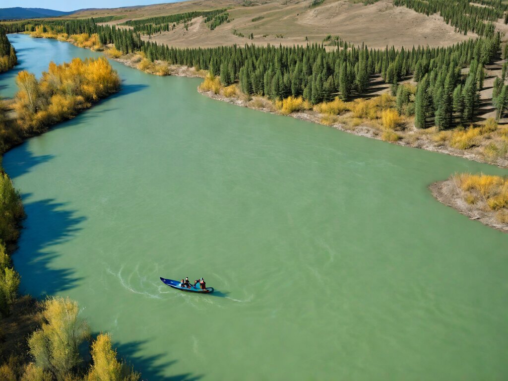 A solo canoe on the Bow River, bow swung off-line, a faint circular wake showing it had just spun