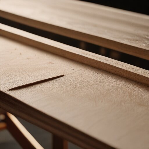 A three-wing birch plywood boomerang on a workbench, its arms sanded into airfoil sections, with a sanding block and template alongside