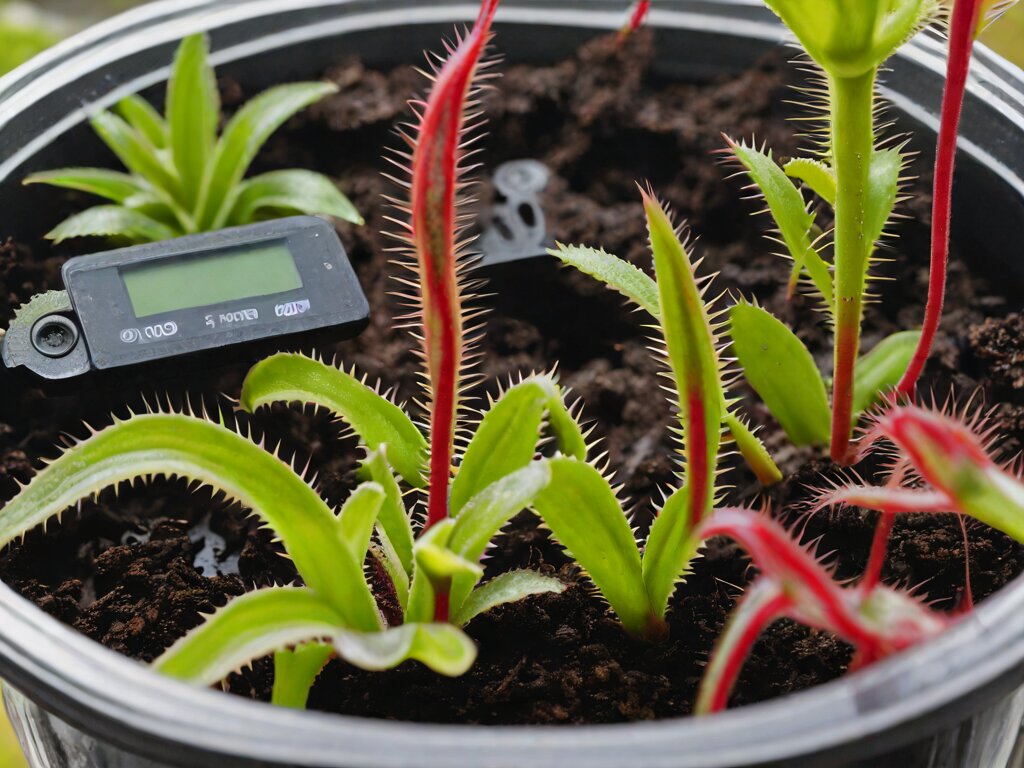 A Venus flytrap in a pot standing in a tray of water beside a digital TDS meter on a windowsill