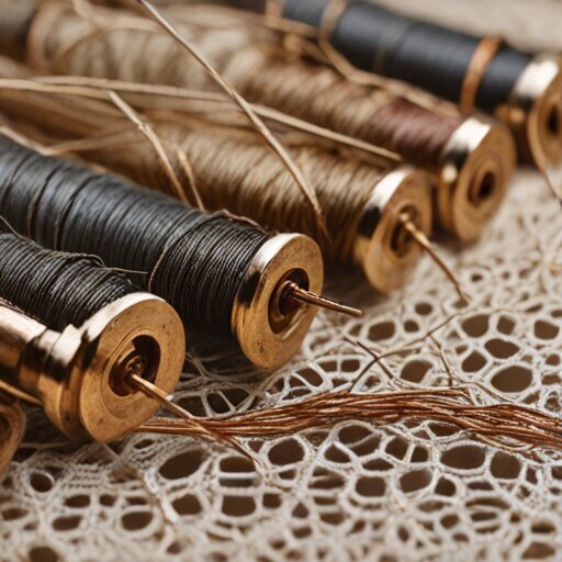 Copper and bronze wire wound on wooden bobbins with the first few centimetres of thermocouple lace in progress