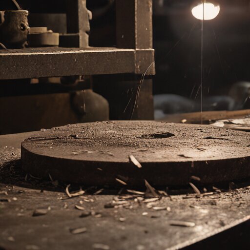 Cracked bronze disc on anvil with visible fracture running through the centre