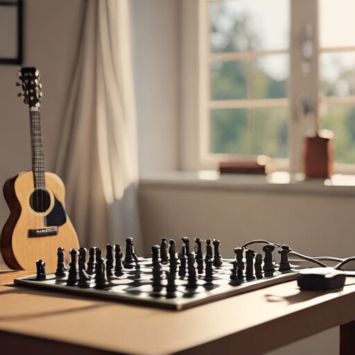 Desk with a laptop parsing FEN positions beside a guitar and audio interface