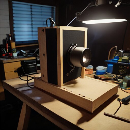 DIY slit-scan matte box under construction, showing the plywood housing, motorized mask mechanism, and camera attachment