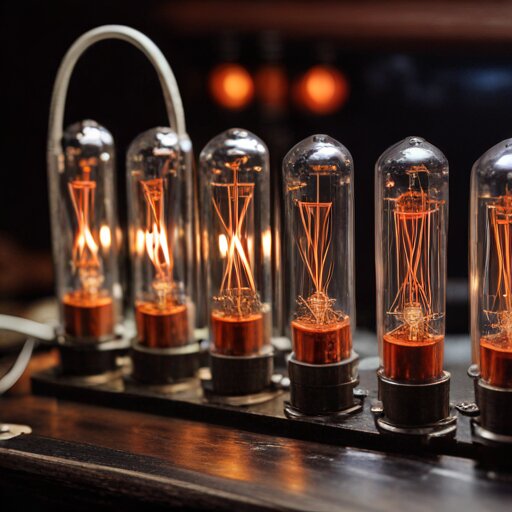 Four IN-12 Nixie tubes glowing orange on a workbench, showing the distinctive stacked-digit depth through their glass envelopes