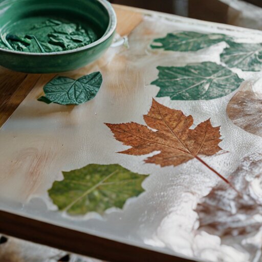 Gel printing plate with acrylic paint showing the critical matte-to-wet sheen transition, botanical leaves creating patterns, brayer beside it