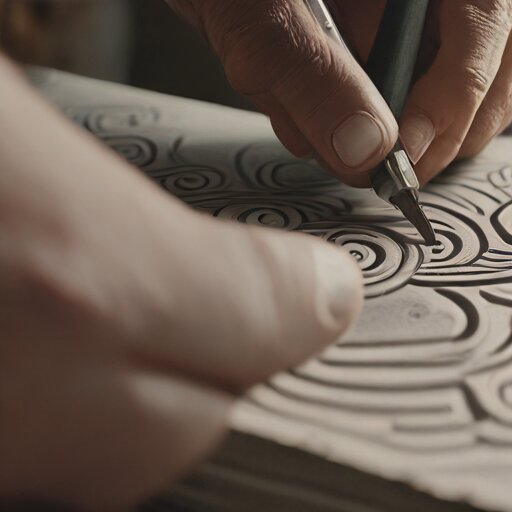 Hands carving a linoleum block with a V-gouge, grey curls peeling away to reveal a geometric design