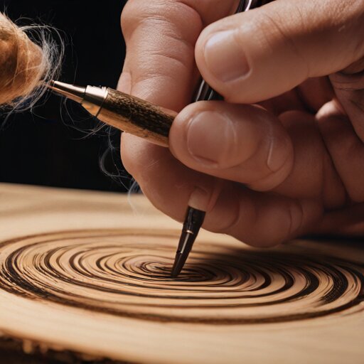 Hands holding a pyrography pen burning into basswood, smoke wisping up, wood grain showing varied burn depths