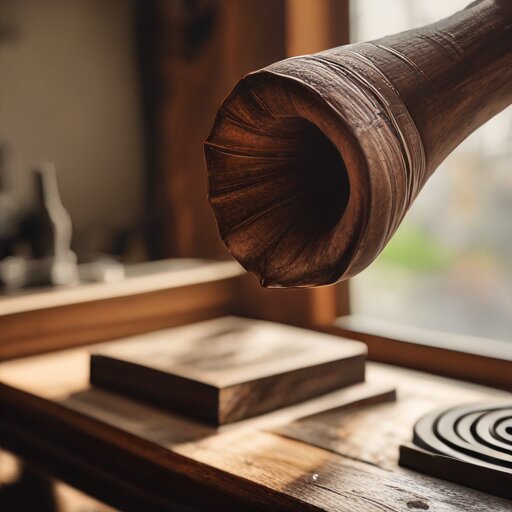 Partially carved wooden phonograph horn blank on a workbench with carving gouges and wood shavings