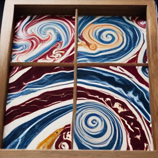Pigments floating on carrageenan size in a marbling tray, mid-pattern with a metal comb dragging through the colours
