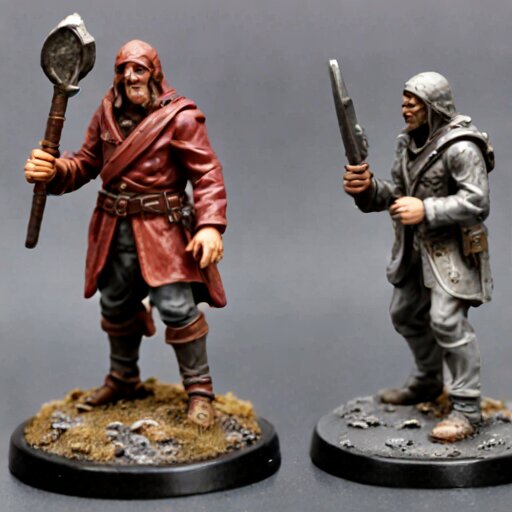 Unpainted grey plastic miniature figure next to a partially painted one showing basecoat and wash