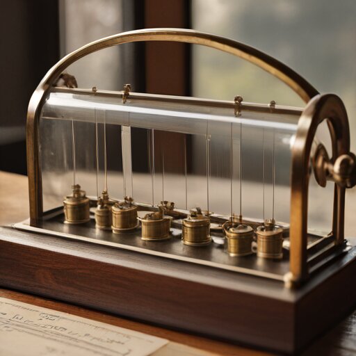 Vintage brass barograph with glass dome removed, showing aneroid capsules and pen arm tracing pressure changes on a chart drum