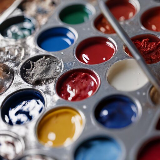 Wet palette with dollops of acrylic paint and fine brush for miniature painting